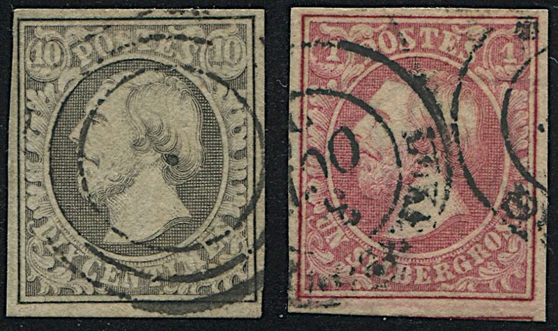1852, Lussemburgo, Guglielmo III 10 cent. grigio-nero e 1 scellino bruno-rosso  - Asta Filatelia - Cambi Casa d'Aste