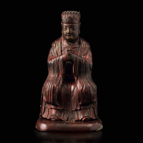 Figura di saggio scolpita in legno laccato e dorato, Cina, Dinastia Qing, XIX secolo