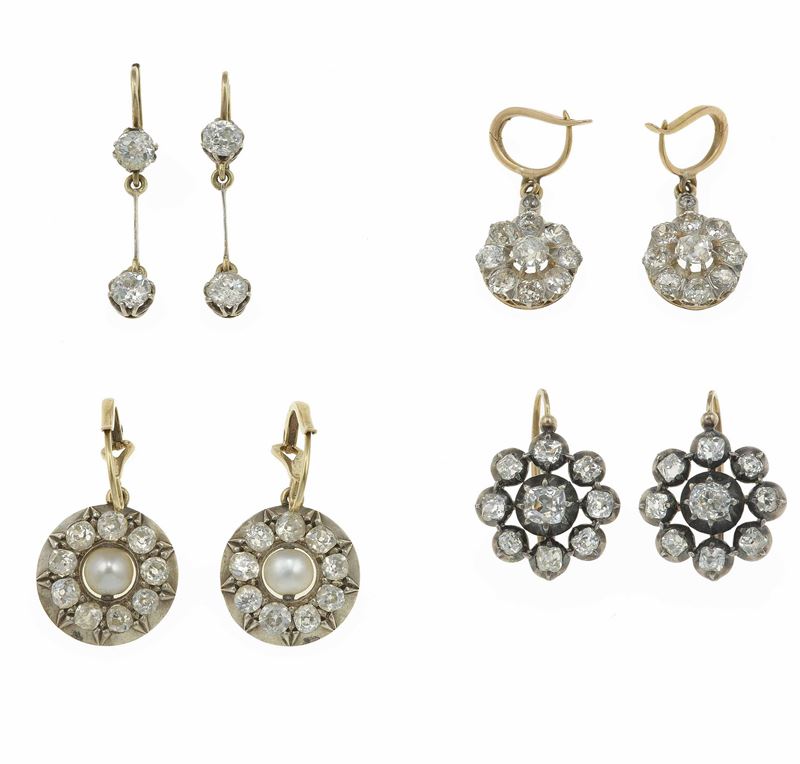 Lotto composto da quattro paia di orecchini con diamanti e perle  - Asta Fine Jewels - Cambi Casa d'Aste