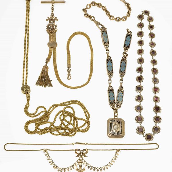 Group of two necklaces, two whatch chain and one sliding rail necklace