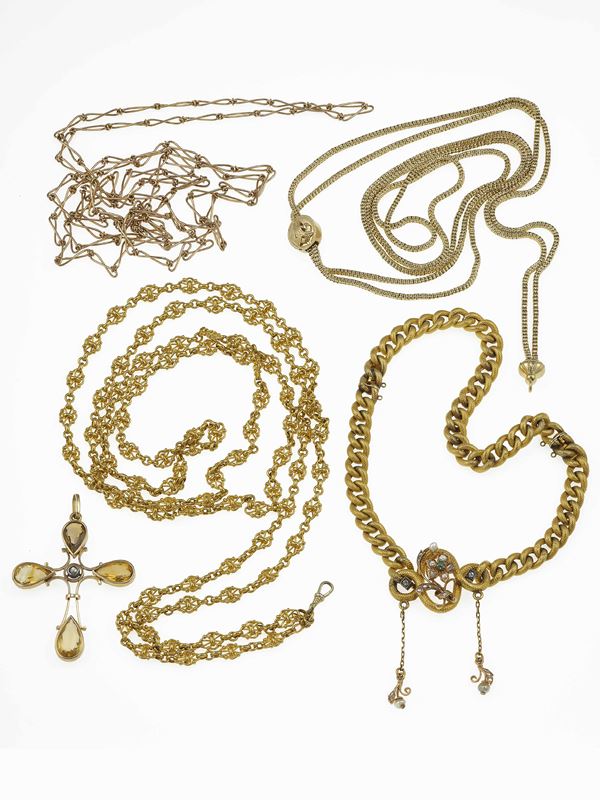 Group of one crucifix, one necklace, a sliding rail necklace and two long chains