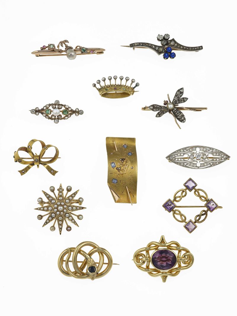Group of ten gem-set brooches  - Auction Jewels - Cambi Casa d'Aste