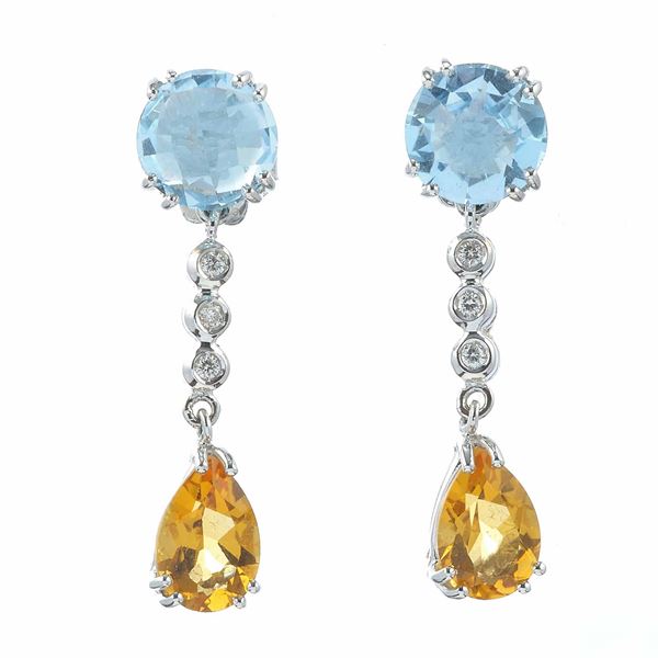 Pair of blue topaz, citrine quartz and diamond earrings