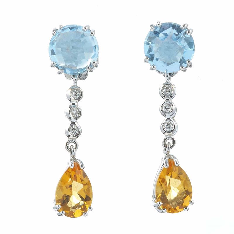 Pair of blue topaz, citrine quartz and diamond earrings  - Auction Jewels - Cambi Casa d'Aste