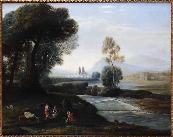 Scuola del XIX secolo Paesaggio fluviale con pastori e armenti