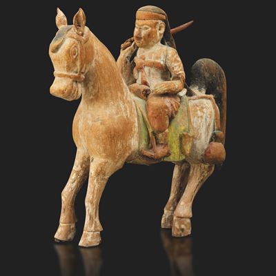 Figura Orientale in Legno con Guerriero a Cavallo, Cina, XIX Secolo
