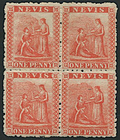 1878, Nevis, 1 D. Vermillion-red
