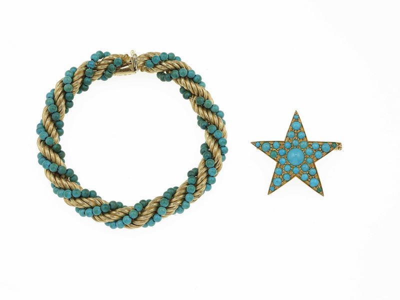 Turquoise and gold bangle and brooch  - Auction Fine Jewels - Cambi Casa d'Aste