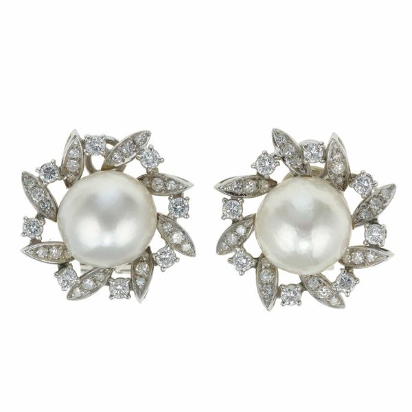Pair of cultured pearls and diamond earrings