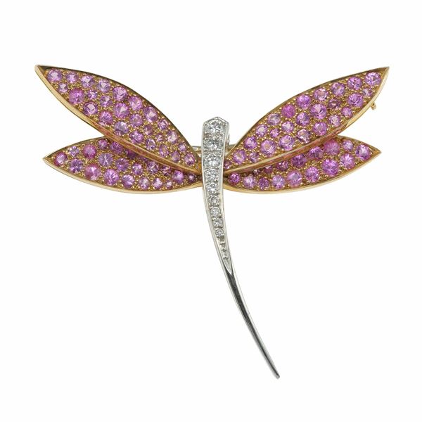 Pink sapphire and diamond "dragonfly" brooch. Signed Van Cleef & Arpels