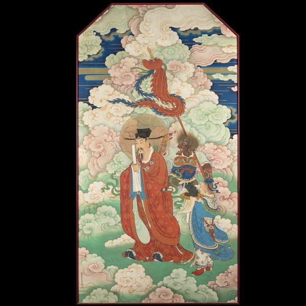 Dipinto su carta raffigurante dignitario con fanciullo offerente e iscrizione, Cina, Dinastia Qing,  [..]