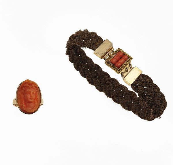 Carved coral ring and bracelet