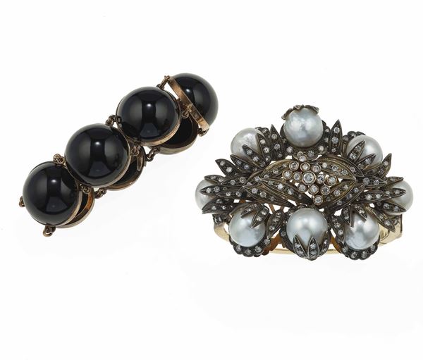 Two bracelets with onyx, pearls and small diamonds