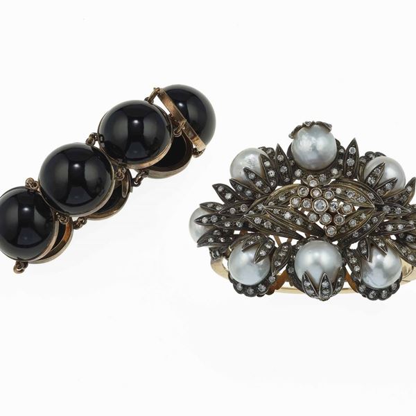 Two bracelets with onyx, pearls and small diamonds