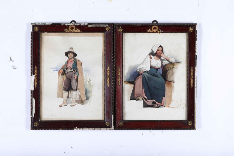 Anonimo, XIX secolo Ciociari  - Coppia di acquerelli su carta - Asta Antiquariato e dipinti - Cambi Casa d'Aste