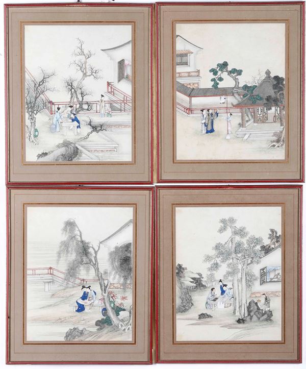 Quattro dipinti su carta raffiguranti scene di vita comune, Cina, Dinastia Qing, XIX secolo