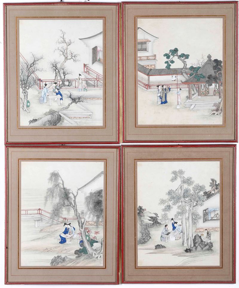 Quattro dipinti su carta raffiguranti scene di vita comune, Cina, Dinastia Qing, XIX secolo  - Asta Arte Orientale - Cambi Casa d'Aste