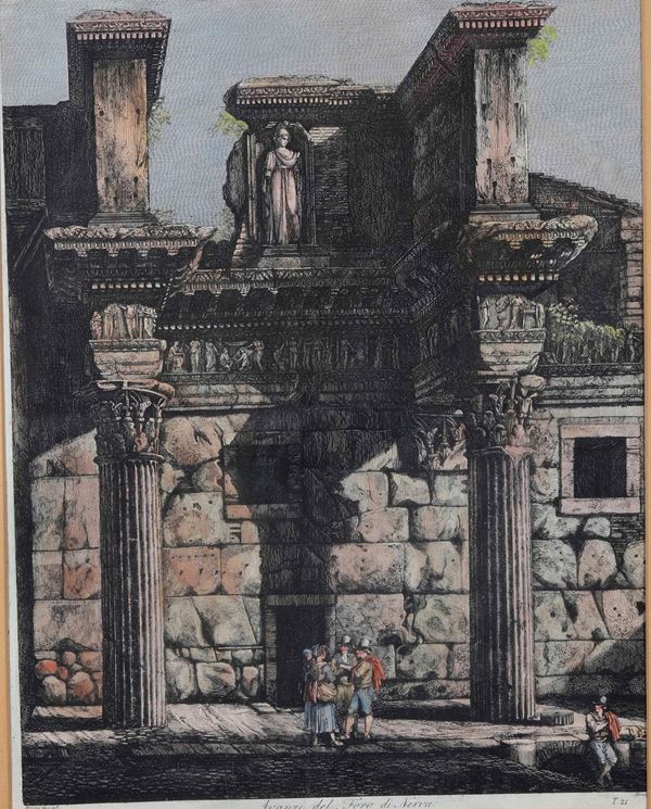Incisione raffigurante rovine del Foro di Nerva, XIX-XX secolo