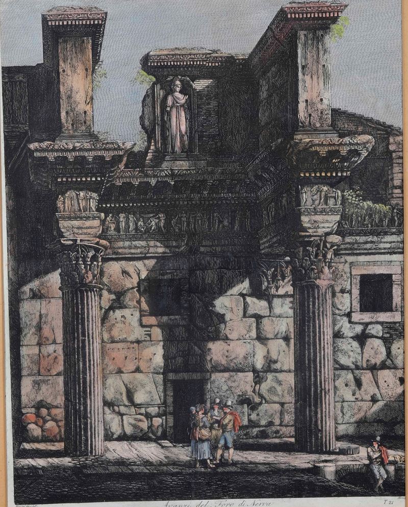 Incisione raffigurante rovine del Foro di Nerva, XIX-XX secolo  - Asta Stampe Antiche e Moderne - Cambi Casa d'Aste