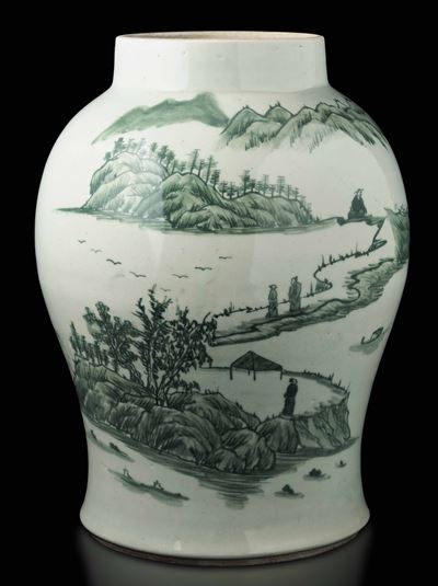 Vaso in Porcellana con Raffigurazione di Paesaggio nei Toni del Verde Sotto Smalto, Liling, Cina,...