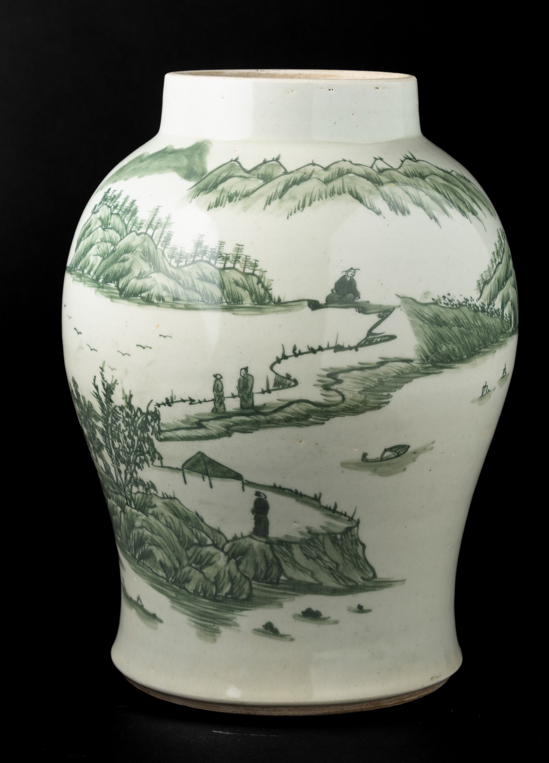 Vaso in Porcellana con Raffigurazione di Paesaggio nei Toni del Verde Sotto Smalto, Liling, Cina,...