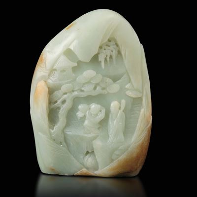 Gruppo Scolpito in Giada Celadon e Russet Raffigurante Soggetto Naturalistico, Cina, Dinastia Qin...