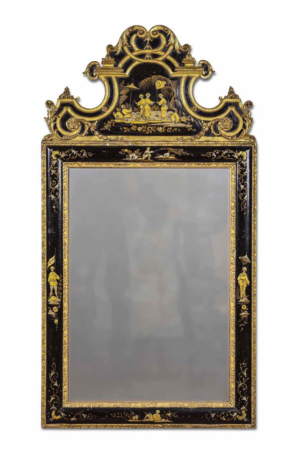 Specchiera in legno ebanizzato, dorato e dipinto a chinoiserie, Inghilterra XVIII secolo