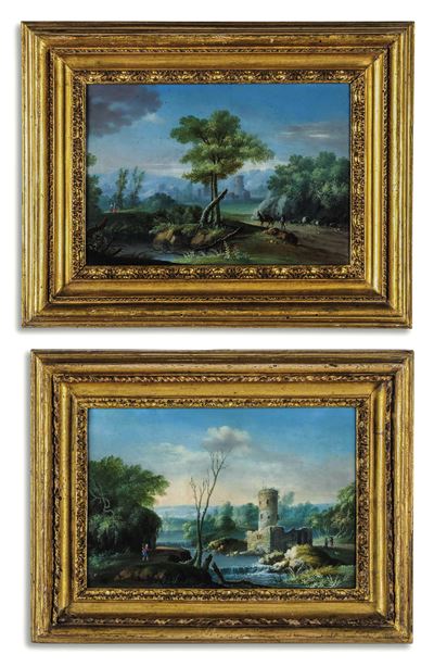 Paesaggi fluviali con figure e architetture (coppia)