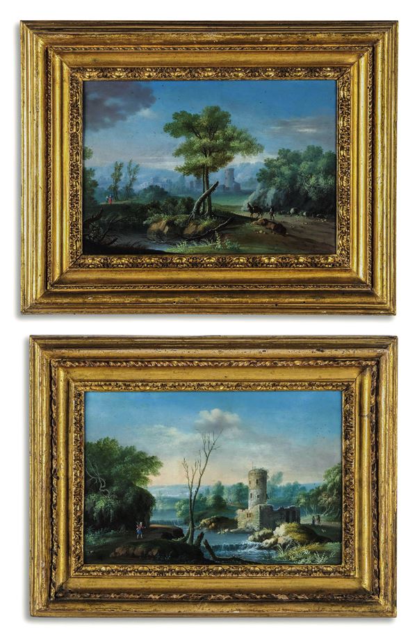 Paesaggi fluviali con figure e architetture