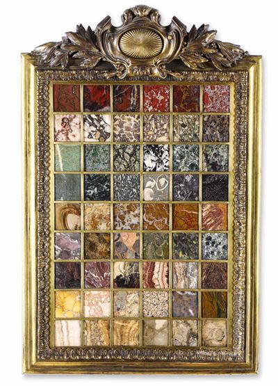 Campionario di Marmi e Pietre Dure. Cornice in Bronzo e Rame Cesellato e Dorato. Arte Neoclassica...