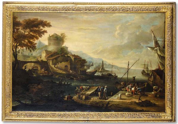Scuola del XVIII secolo Veduta di porto con figure e imbarcazioni