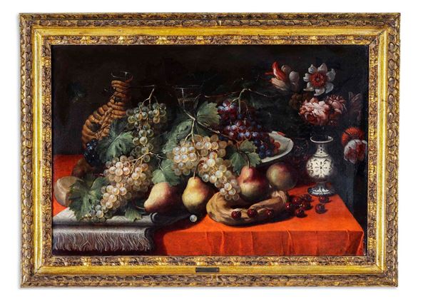 Scuola fiamminga del XVII secolo Natura morta con canestra di frutti, fiasco e vaso di fiore
