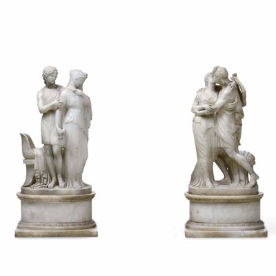 Orfeo ed Euridice. Coppia di Sculture in Alabastro. Arte Neoclassica Italiana XIX Secolo