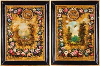 Scuola del XIX secolo, Paesaggi con palloni aerostatici e ghirlande di fiori, olio su tela