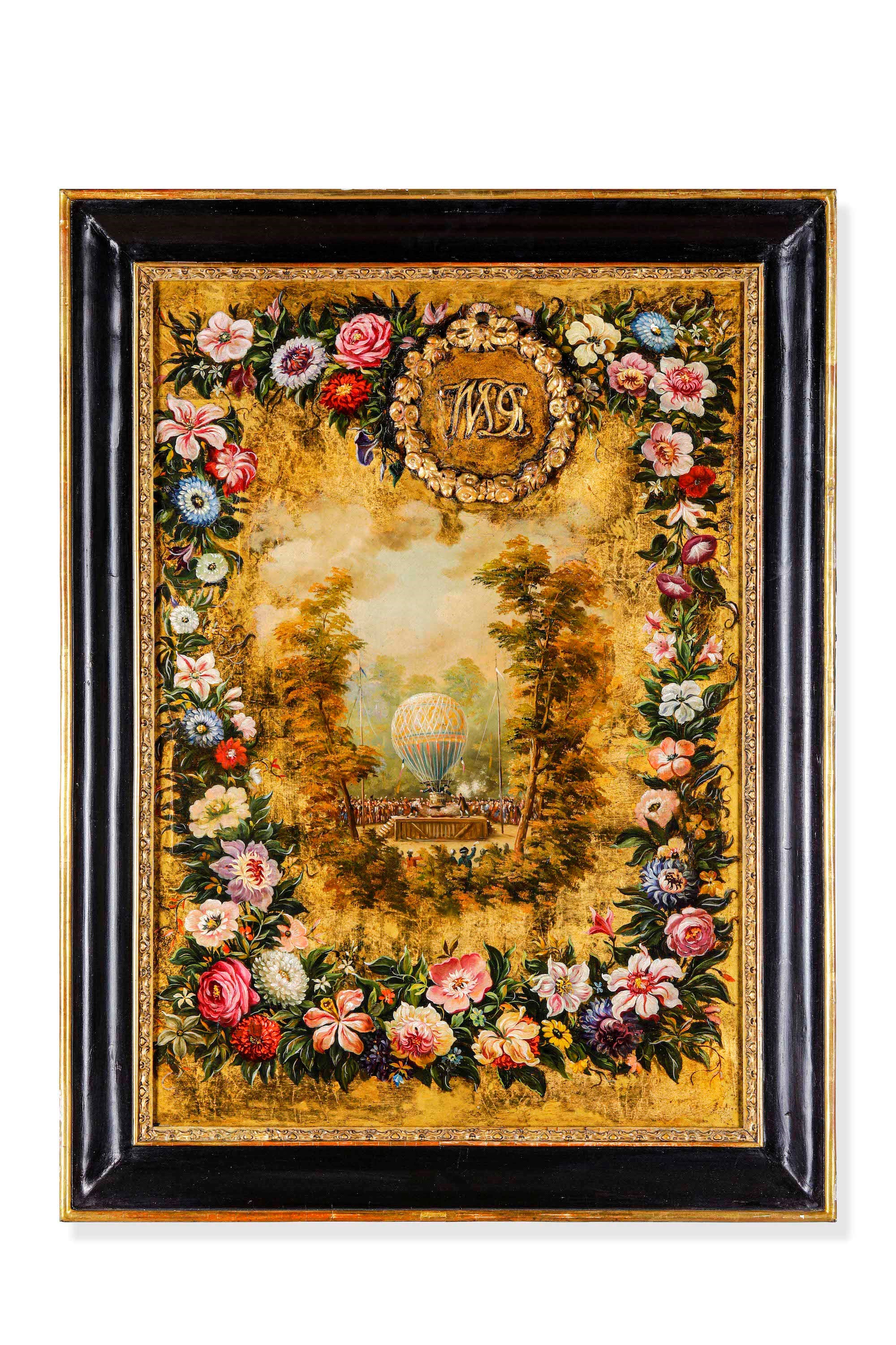 Scuola del XIX secolo, Paesaggi con palloni aerostatici e ghirlande di fiori, olio su tela