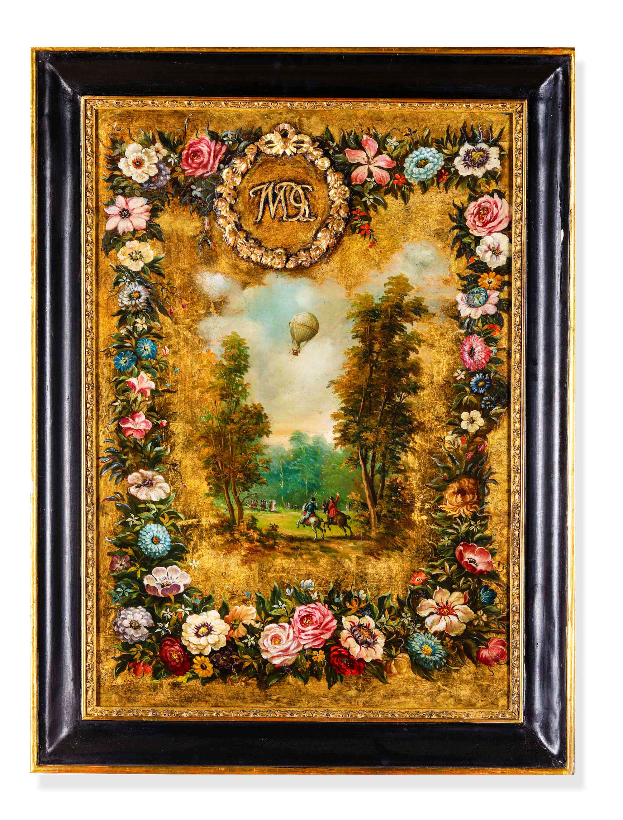 Scuola del XIX secolo, Paesaggi con palloni aerostatici e ghirlande di fiori, olio su tela