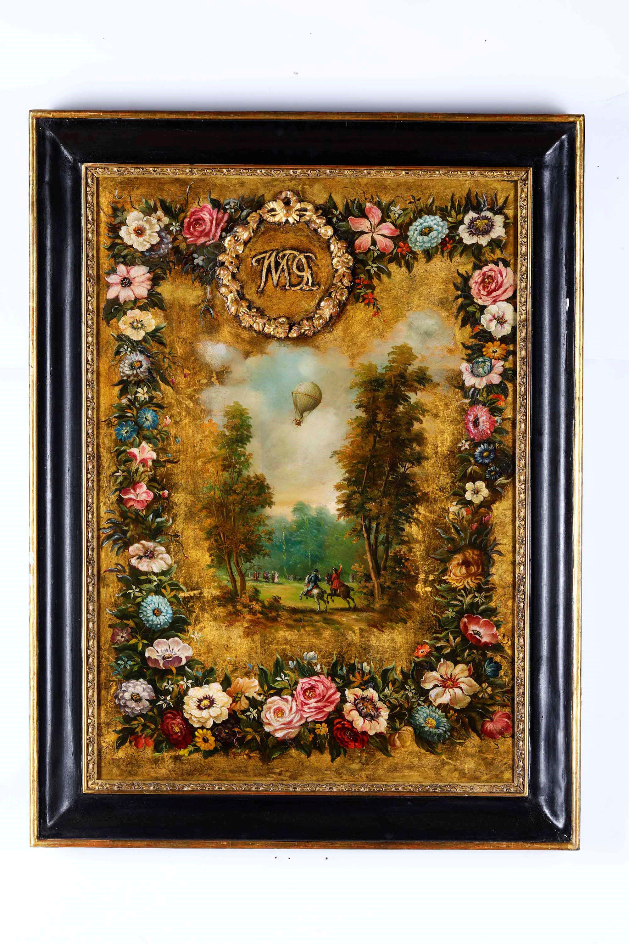 Scuola del XIX secolo, Paesaggi con palloni aerostatici e ghirlande di fiori, olio su tela