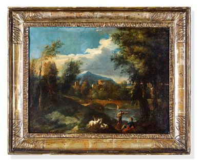Scuola del XVII-XVIII secolo, Paesaggi fluviali con figure, olio su tela