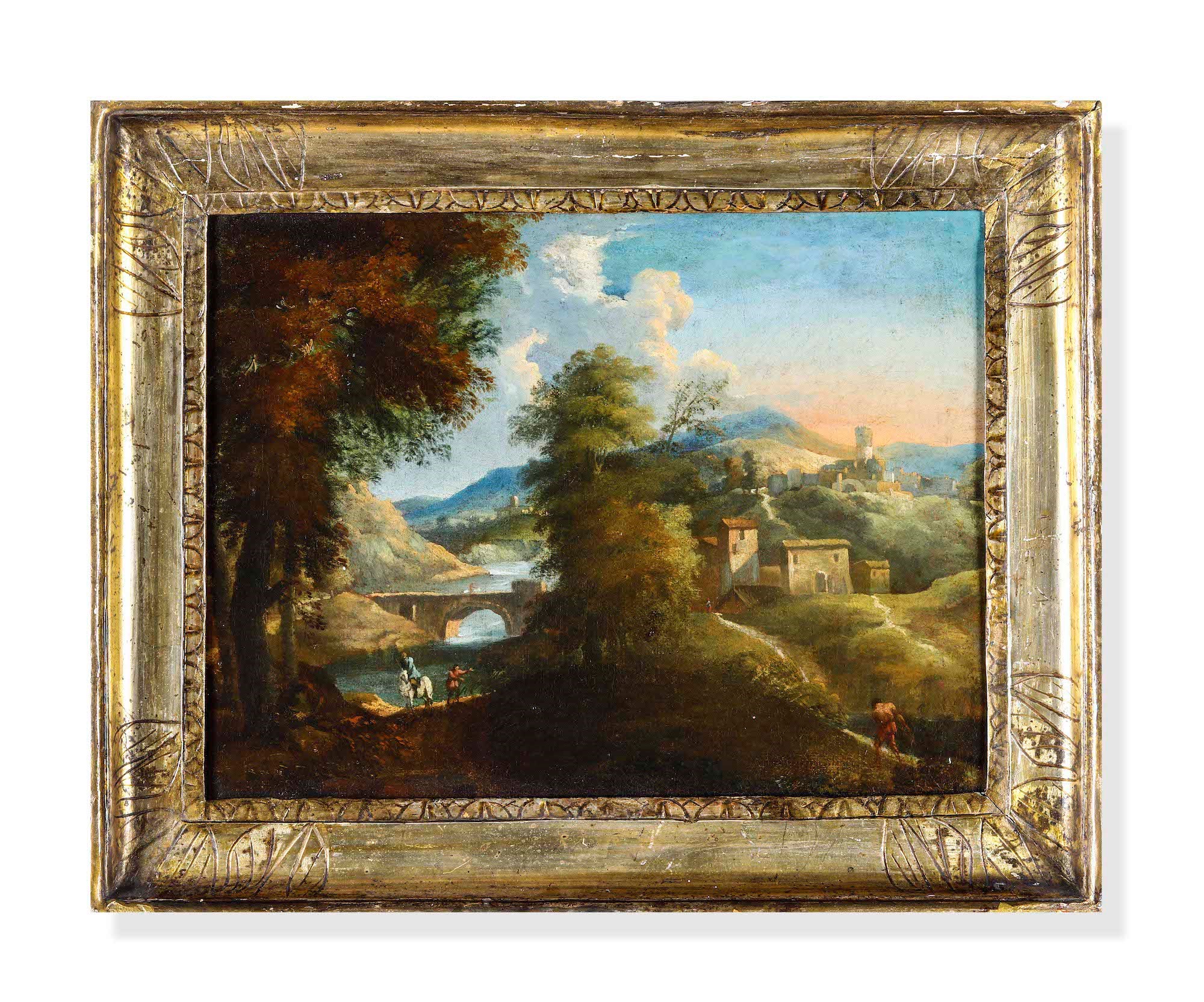Scuola del XVII-XVIII secolo, Paesaggi fluviali con figure, olio su tela