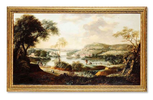 Scuola del XVIII secolo Paesaggio fluviale con pescatori e contadini