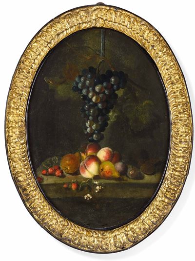 Scuola del XIX secolo, Nature morte con fiori e frutti, olio su rame ovale