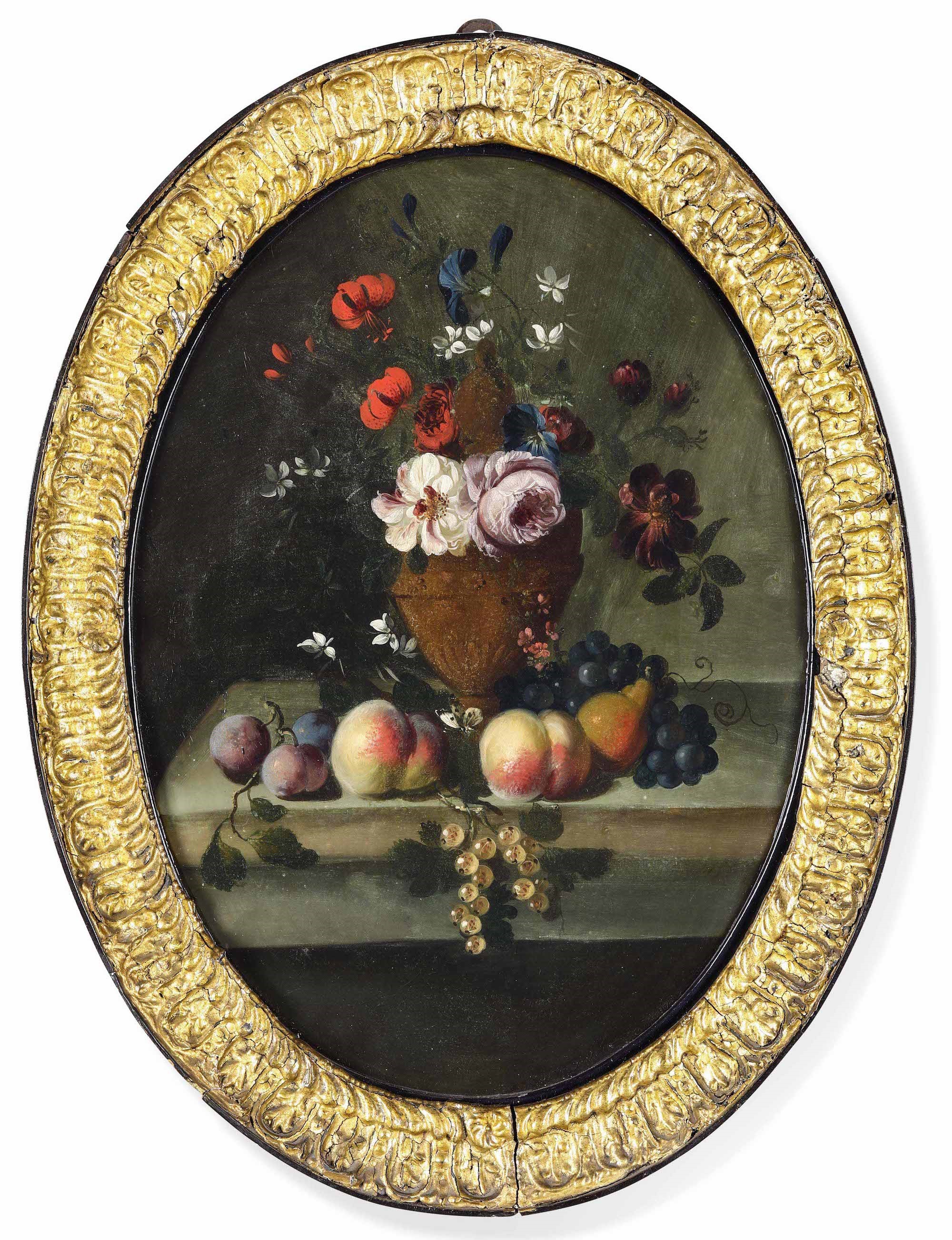 Scuola del XIX secolo, Nature morte con fiori e frutti, olio su rame ovale