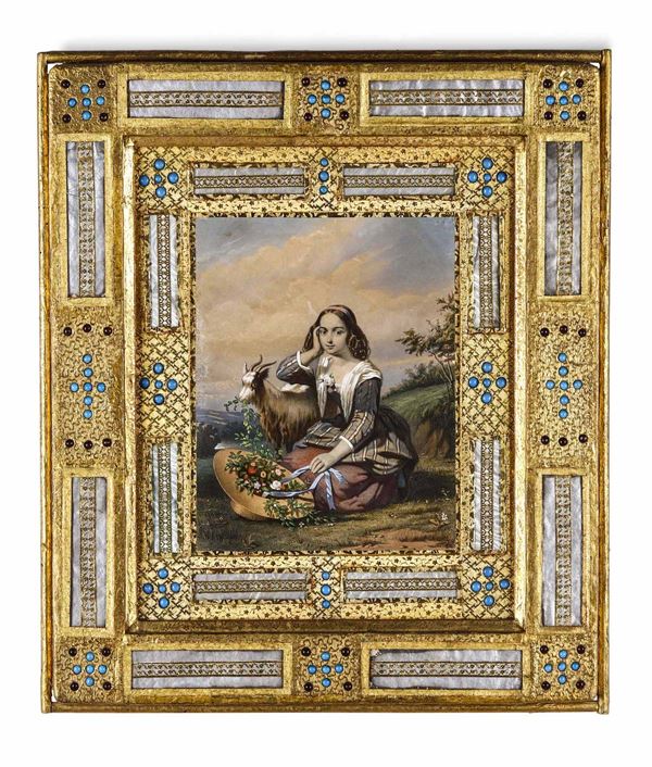 Coppia di incisioni acquerellate raffiguranti scene di genere, in cornici in legno intagliato e dorato, tessuto e pietre colorate. XIX-XX secolo