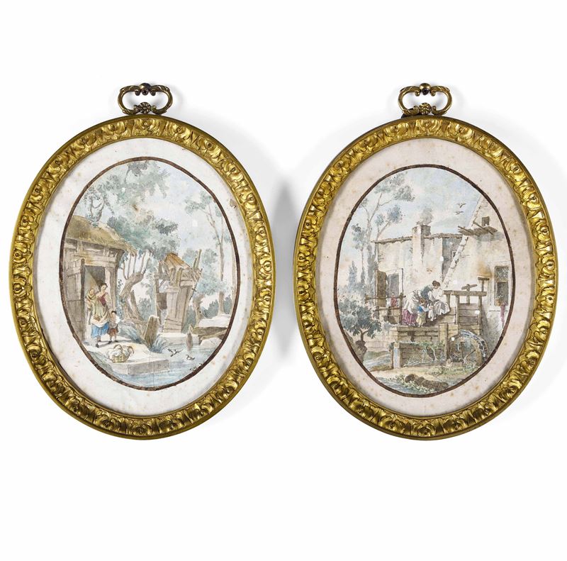 Scuola del XVIII secolo Scene di vita popolare  - penna e acquerello su carta ovale - Asta Dimore Italiane - Cambi Casa d'Aste