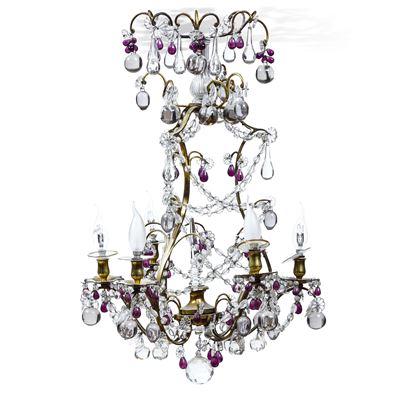 Lampadario a Sei Luci in Metallo e Vetri Incolori e Vetri Colorati. XIX-XX Secolo