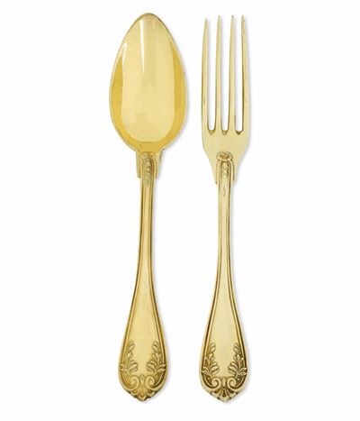 Set di Posate. Argento Fuso e Dorato. Parigi XX Secolo. Argentiere Lenain