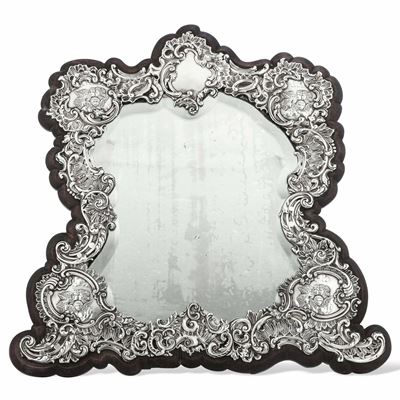 Specchio Sagomato da Tavolo. Legno con Cornice in Argento. Birmingham 1906, Argentiere H. Matthew...