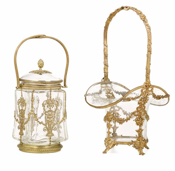 Biscottiera e cestino. Vetro e bronzo dorato. Francia XIX-XX secolo