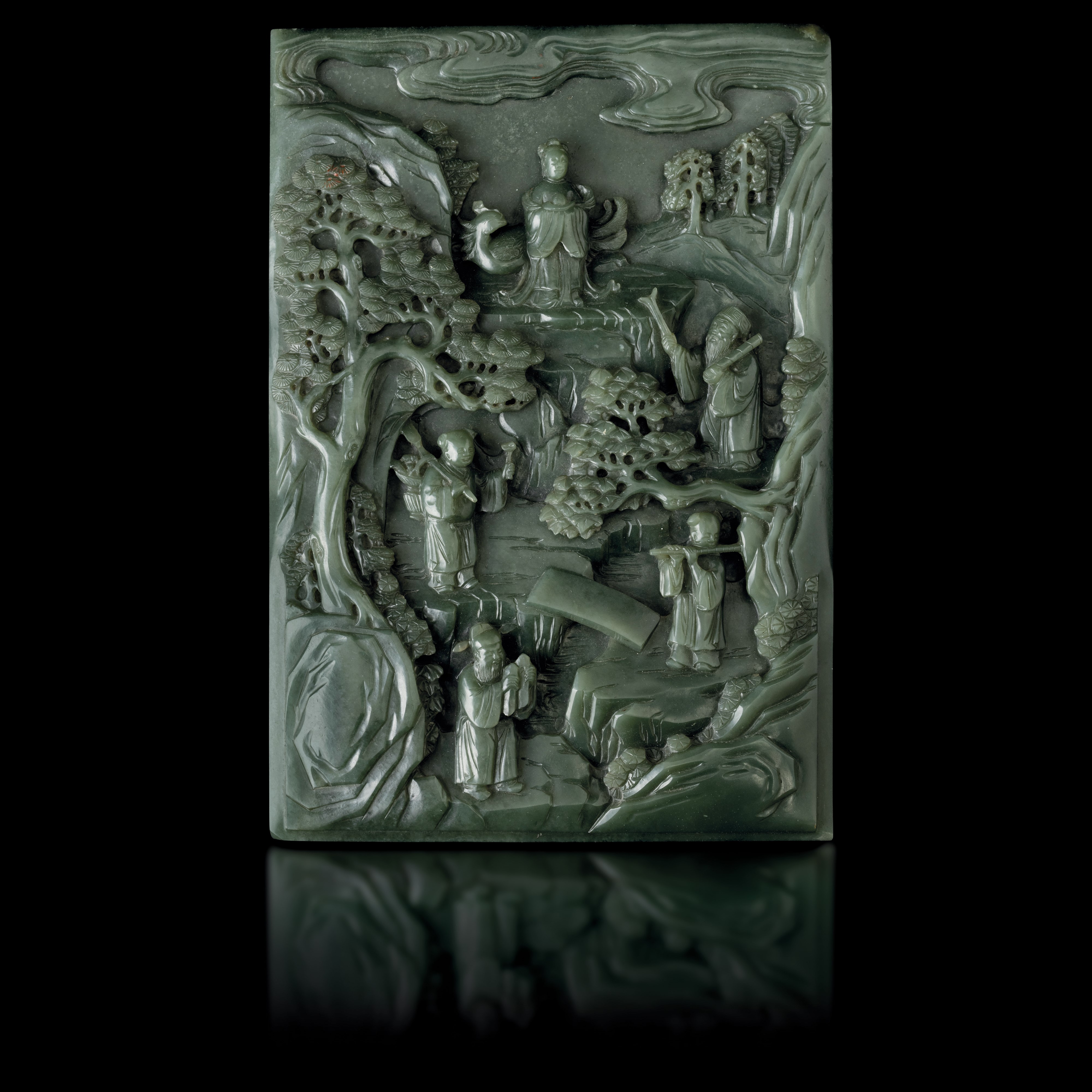 Magnifica Placca Finemente e Profondamente Scolpita in Giada Celadon Raffigurante Saggi Entro Pae...