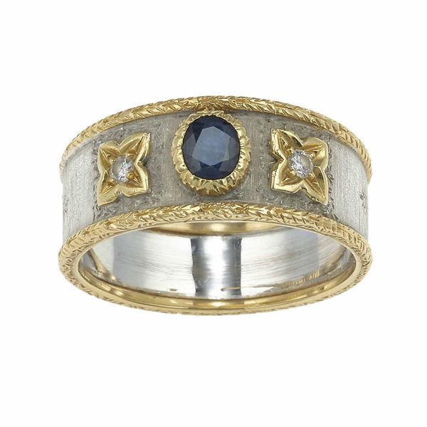 Sapphire, diamond, gold and silver ring. Signed Buccellati